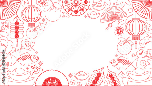 Red Outline Illustration of Chinese New Year Decorations Fans, Lanterns, Gold Ingots, Fish