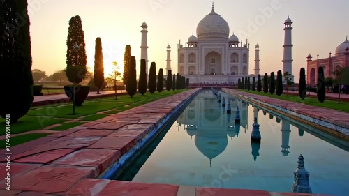 Taj Mahal Reflection at Sunrise in Agra India.