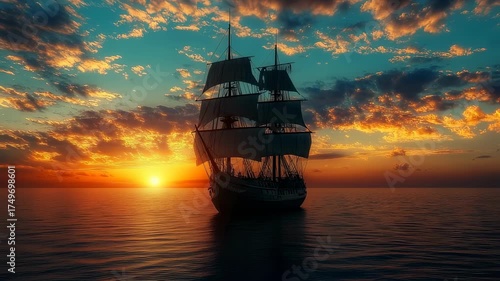 Majestic Sailing Vessel Silhouetted Against a Vibrant Sunset on the Open Sea horizon