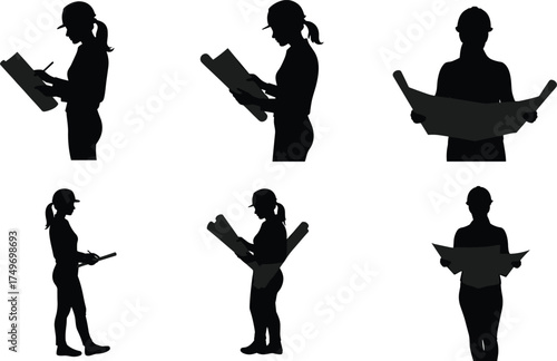 Construction engineer silhouettes with hard hats holding blueprints, architects reviewing plans, drafting technical drawings, teamwork collaboration, professional planning vector illustration design