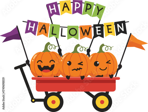Cute Halloween pumpkins in a red wagon illustration for holiday decoration isolated on white background