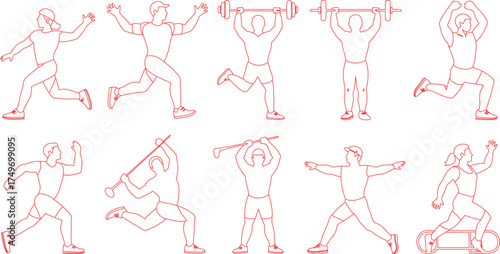 Red Outline Illustrations of People Running, Weightlifting, Throwing Javelin, Practicing Golf on White Background