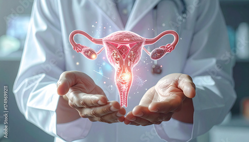 Holographic uterus doctor healthcare reproductive system medical technology gynecology innovation anatomy woman futuristic. doctor holds glowing holographic uterus symbolizing advanced gynecology