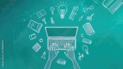 Hands Typing on Laptop, Creative Tools, Teal Background