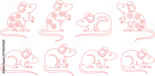 Red Outline of Eight Mouse Designs on White Background, Some With Floral Decorations