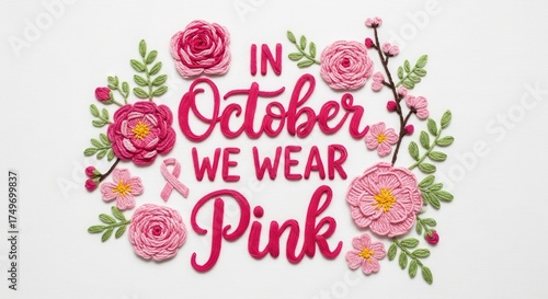 Embroidered Pink Flowers And Breast Cancer Ribbon In October We Wear Pink