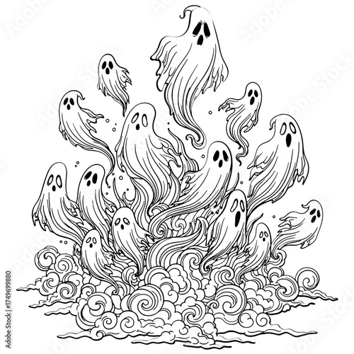 Vector illustration of Ghostly Spirits Rising black and white coloring page