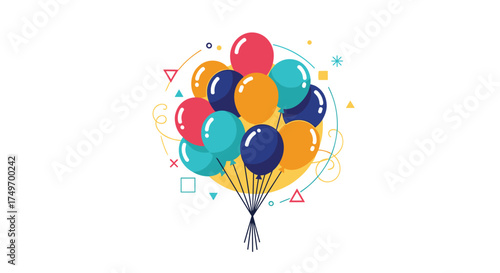A vibrant collection of colorful balloons tied together with strings floating against a white background.