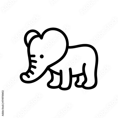 Simple black and white line drawing of a cute, cartoon-style elephant walking.