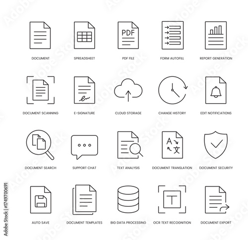 A set of vector icons representing document management and data processing tools, created in line style with editable stroke