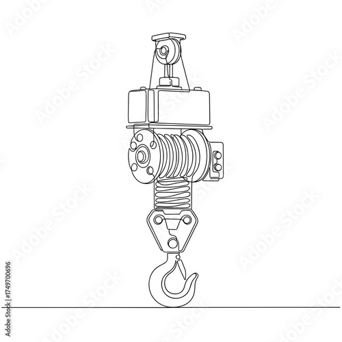 Industrial electric hoist in one continuous line drawing style, black and white, representing construction and lifting equipment, with copy space.