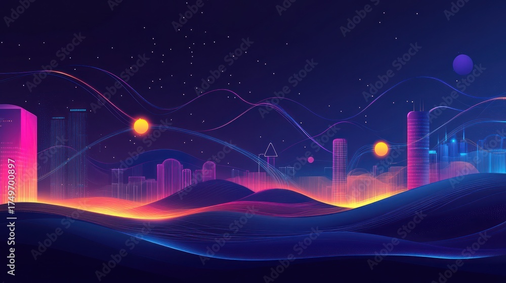 custom made wallpaper toronto digitalFuturistic city skyline at night with glowing buildings and hills. Stock photo