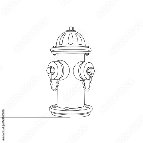 Fire hydrant in a continuous one-line drawing style, black and white, representing firefighting and urban safety equipment, with copy space.