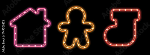 LED strip light frame set. Christmas element decorative ring tape lamp sign. Glowing LED neon flex colorful border for marketing promotions, cards, invitations, banners, tags, etc.