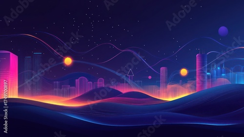 Futuristic city skyline at night with glowing buildings and hills. Stock photo