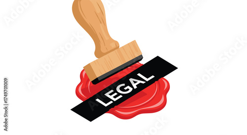 A wooden stamp with the word legal printed on a black ribbon pressed into red wax seal.