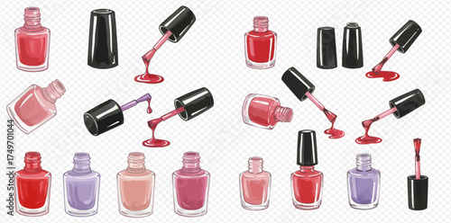 Collection of colorful nail polish bottles with brushes and spilled drops in various shades of red, pink, and purple.