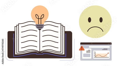 Open book with glowing light bulb symbolizes knowledge and ideas, sad face represents concern, and warning on webpage conveys problem-solving. Ideal for learning, creativity, innovation, education