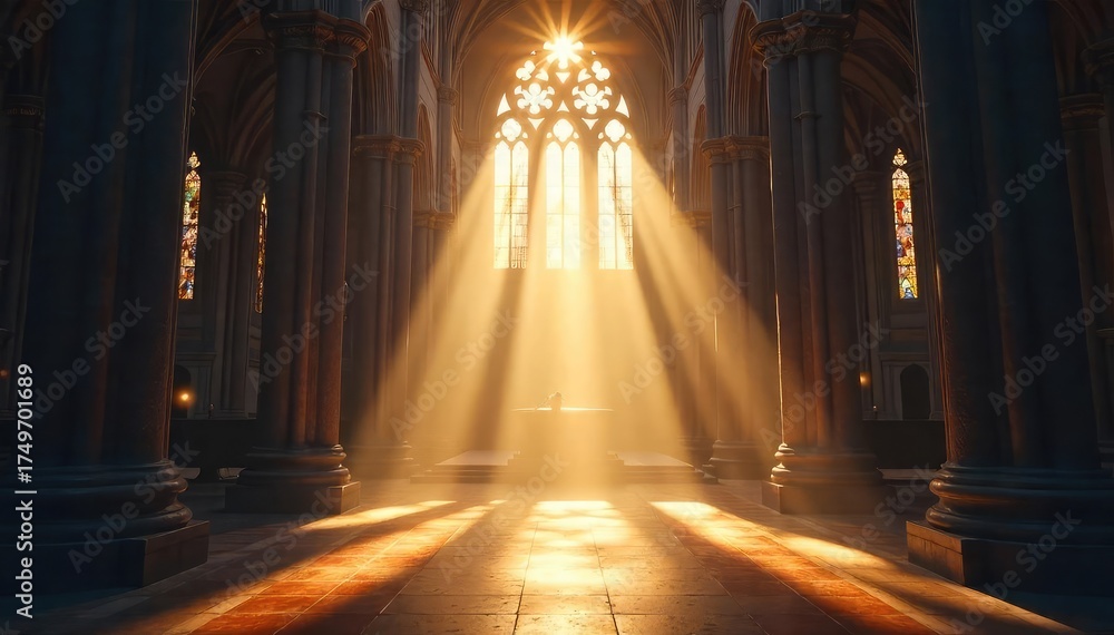 Fototapeta premium A sunbeam illuminates dust motes dancing in a cathedral's ethereal light, symbolizing spiritual enlightenment and the unseen world revealed through faith , enlightenment, sunbeam