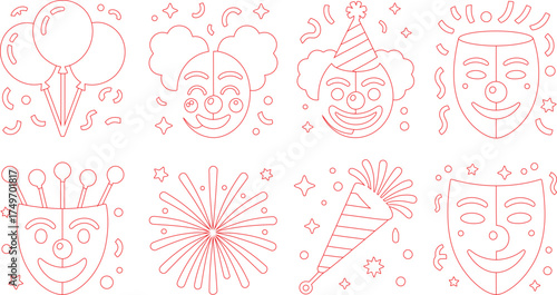 Red Outlined Party Graphics Featuring Balloons, Confetti, Clown Faces, Masks, Fireworks, and Party Favors