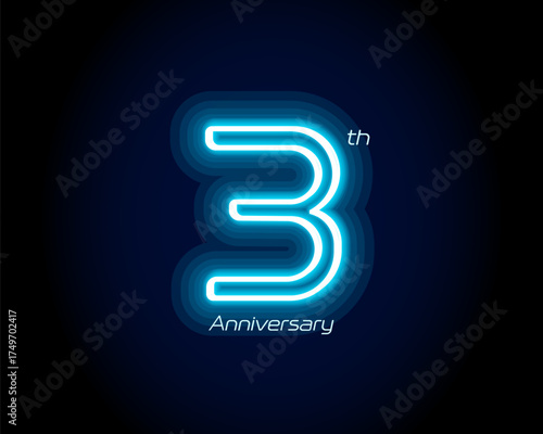 Blue neon number third years, 3 anniversary logo on black background. Shiny luminous jubilee sign for celebration emblem of cyber event party, digital startup, gambling icon. Vector illustration.