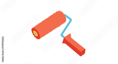 A close up isometric view of a bright orange paint roller with a light blue handle.
