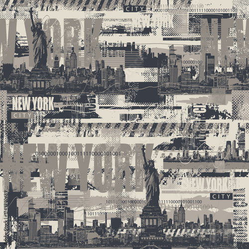 Abstract seamless pattern on urban theme with Statue of Liberty in New York with city architecture and newspaper clippings grunge style. Wallpaper, fabric, textile,  t-shirt design. No AI used