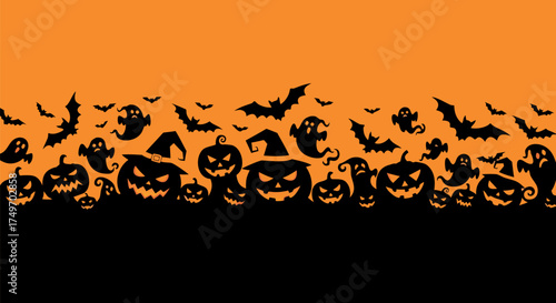 Festive Halloween seamless graphic background with spooky pumpkins, flying bats, and ghostly silhouettes, perfect for autumn party designs