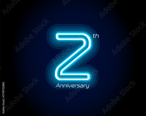 Blue neon number two years, 2 anniversary logo on black background. Shiny luminous jubilee sign for celebration emblem of cyber event party, digital startup, gambling icon. Vector illustration.