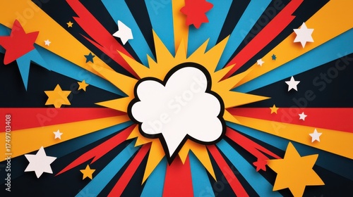 Comic Book Style Explosion with Stars: Pop Art Background, Retro Design, Speech Bubble, Burst Effect, Colorful Graphic, Abstract Illustration
