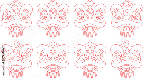 Repeating Red Outline Drawing of Chinese Lion Dance Head Masks on White Background