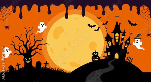 Spooky Halloween night background illustration with haunted castle, flying ghosts, and full moon for festive season design