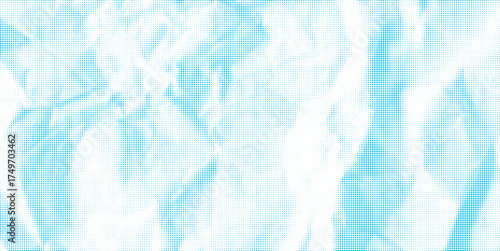 Cyan cmyk halftone wrinkled newspaper bg with circle dot pattern. Crumpled paper with duotone raster texture. Grainy vintage graphic. Vintage vector illustration