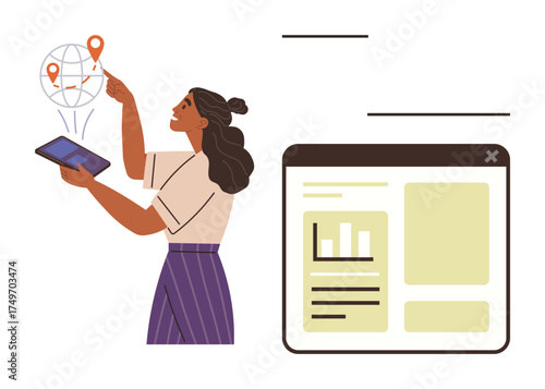 Woman pointing at globe illustration, holding tablet chart and data on screen interface. Ideal for data analysis, technology, global reach, user interface, innovation, education, simple flat metaphor