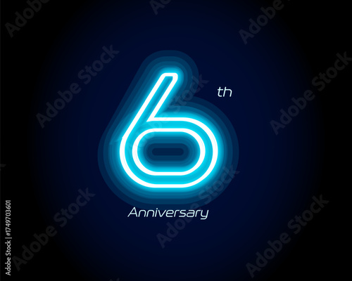 Blue neon number sixth years, 6th anniversary logo on black background. Shiny luminous jubilee sign for celebration emblem of cyber event party, digital startup, gambling icon. Vector illustration.