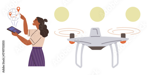 Woman operates map interface on tablet, points at locations. quadcopter flies nearby. Ideal for technology, innovation, mapping, data, logistics, engineering research simple flat metaphor