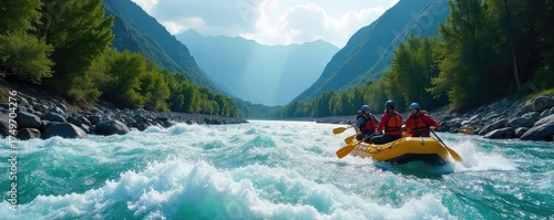 A thrilling whitewater rafting expedition down a churning river, surrounded by majestic mountains and lush forest The powerful current creates dynamic waves and exciting rapids , energy, waterway
