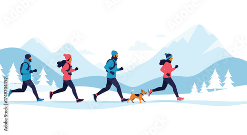 Winter runners enjoying a snowy mountain landscape with their dog.