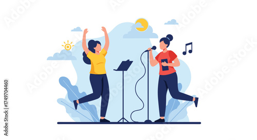 Two friends enjoy a karaoke night together singing their favorite song.
