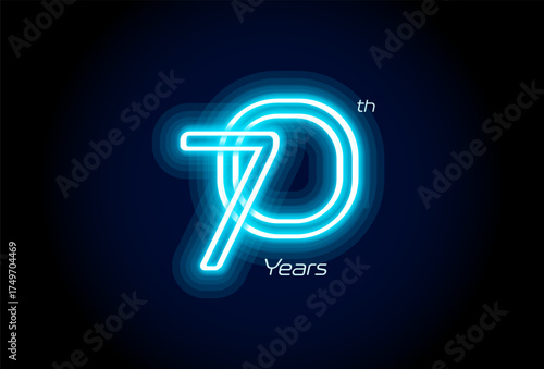 Blue neon number seventy years, 70th anniversary logo on black background. Shiny luminous jubilee sign for celebration emblem of cyber event party, digital startup, gambling icon. Vector illustration.