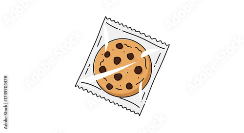 A single chocolate chip cookie in a clear plastic wrapper.