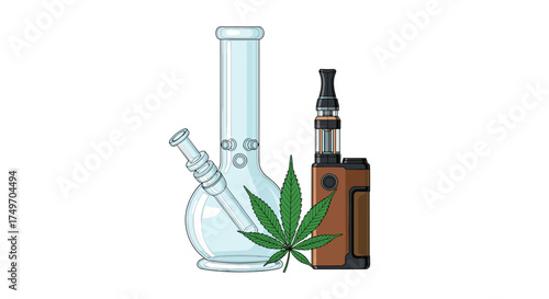 Glass water pipe electronic cigarette and marijuana leaf. .