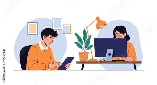 Two coworkers collaborate on a project while working remotely.