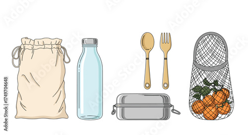 Reusable grocery bag water bottle cutlery lunchbox and produce bag.