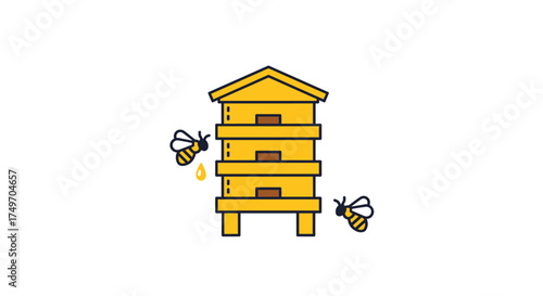 Two bees fly around a hive and one drops honey.