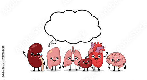 Cute cartoon human organs thinking together about health and wellness.