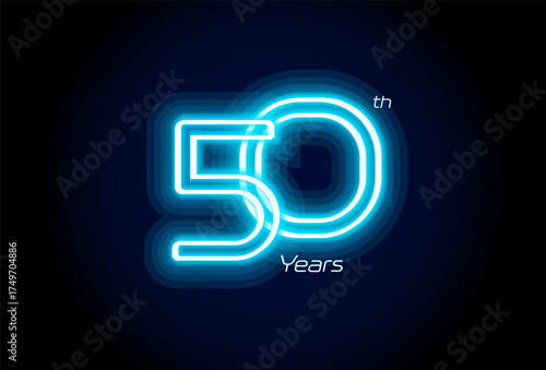 Blue neon number fifty years, 50th anniversary logo on black background. Shiny luminous jubilee sign for celebration emblem of cyber event party, digital startup, gambling icon. Vector illustration.