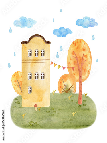 Cute watercolor autumn house surrounded by colorful trees and falling leaves. Cozy fall landscape perfect for seasonal cards, posters, prints, and home decor.