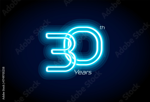 Blue neon number thirty years, 30th anniversary logo on black background. Shiny luminous jubilee sign for celebration emblem of cyber event party, digital startup, gambling icon. Vector illustration.
