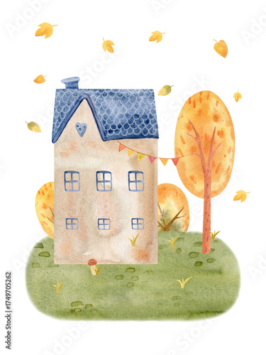 Cute watercolor autumn house surrounded by colorful trees and falling leaves. Cozy fall landscape perfect for seasonal cards, posters, prints, and home decor.